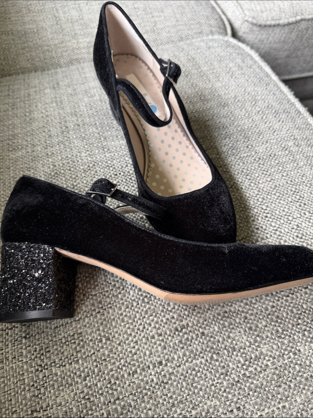 NEW Boden Black Velvet Glitter Mary Jane Block Heels Leather Sole Holiday Size 6